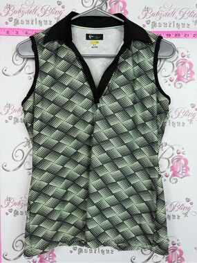 Greg Norman Collection Black and Light Green Geometric Sleeveless Polo Tank play
